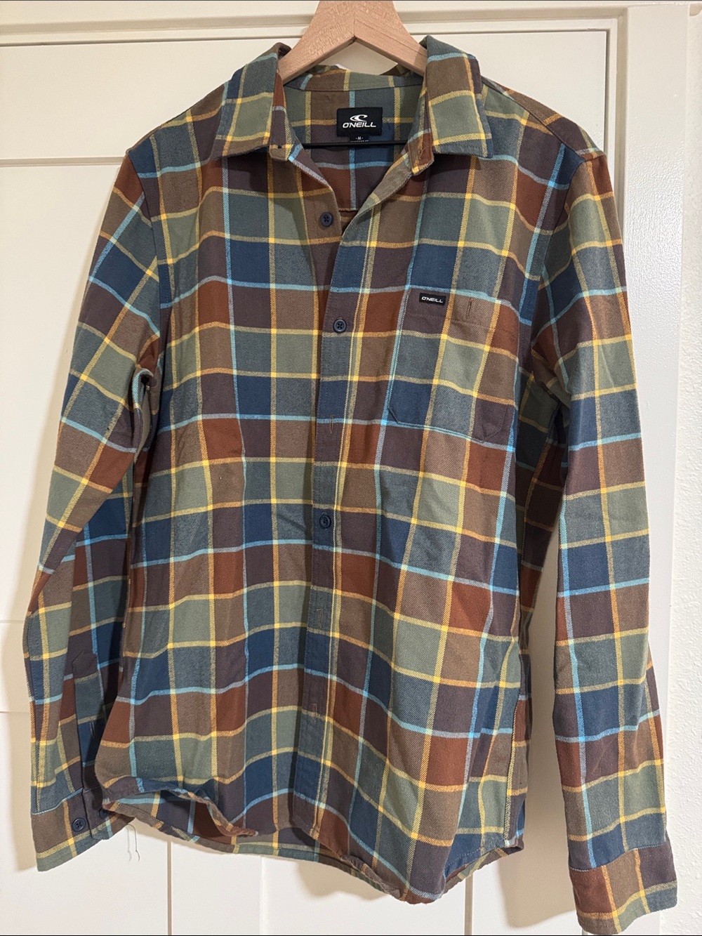 O'Neill Men's Plaid Button-Down Shirt in Brown, Blue & Yellow